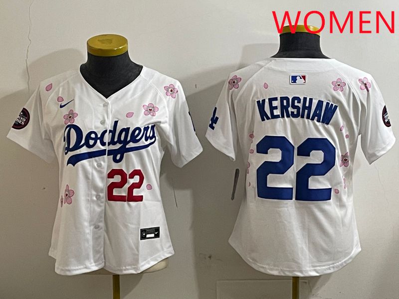 Women Los Angeles Dodgers #22 Kershaw White Sakura Edition 2025 Nike MLB Jersey style 2